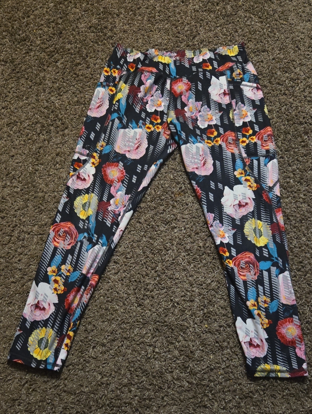 Athletic Works Black Floral Leggings with Pink, Yellow & Blue Accents